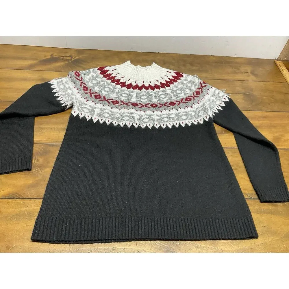 J Jill Womens Sweater Nordic Fair isle Mock Neck Fringe Popover Small Petite